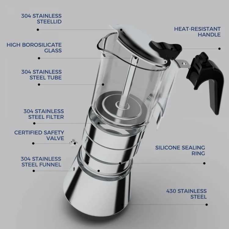 Stovetop Espresso Maker, Crystal Glass-top & Stainless Steel Espresso Moka Pot,Classic Italian coffee maker