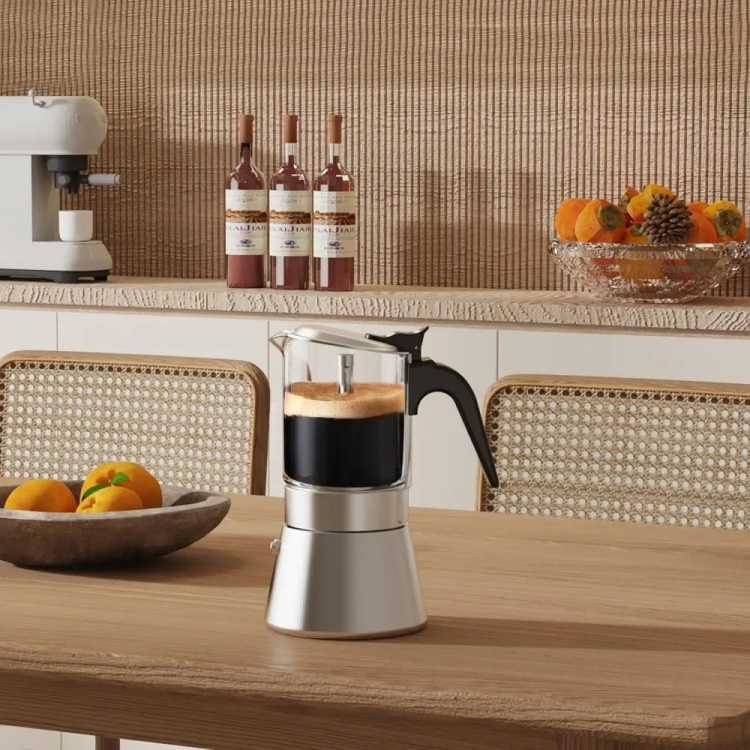 Stovetop Espresso Maker, Crystal Glass-top & Stainless Steel Espresso Moka Pot,Classic Italian coffee maker