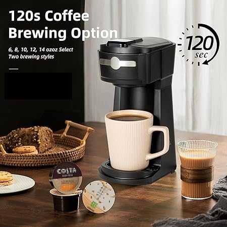 Single Serve K Cup Coffee Maker 2 in 1Machine,6 to 14 0z Brew Sizes,Auto Shut Off& Reusable Filter,Use Coffee Capsule&GroundCoffee&Loose Leaf Tea, Black