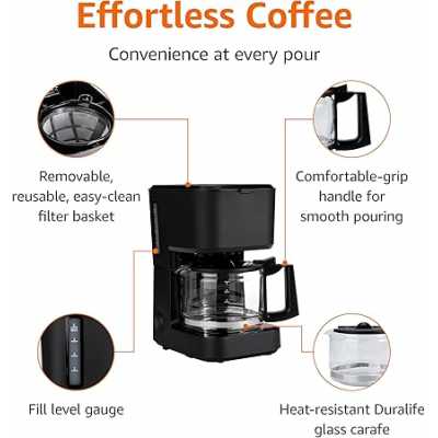 Basics 5 Cup Drip Coffee Maker, Coffee Machine with Glass Coffee Pot (0.8 Qt), Auto Shut-off, Auto Pause, Removable Filter Basket, Matte Black
